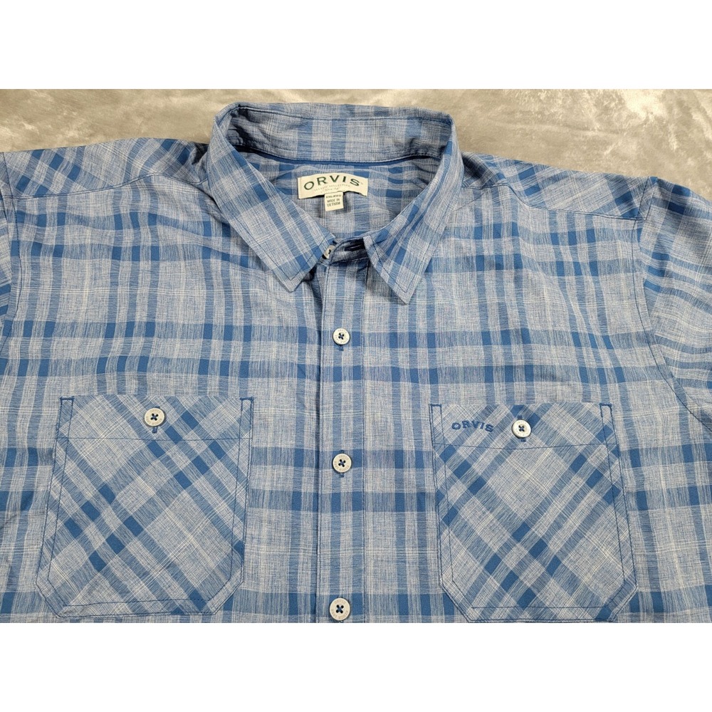 Orvis Classic Collection S/S Performance Shirt Mens 2XL Button Up Blue Plaid